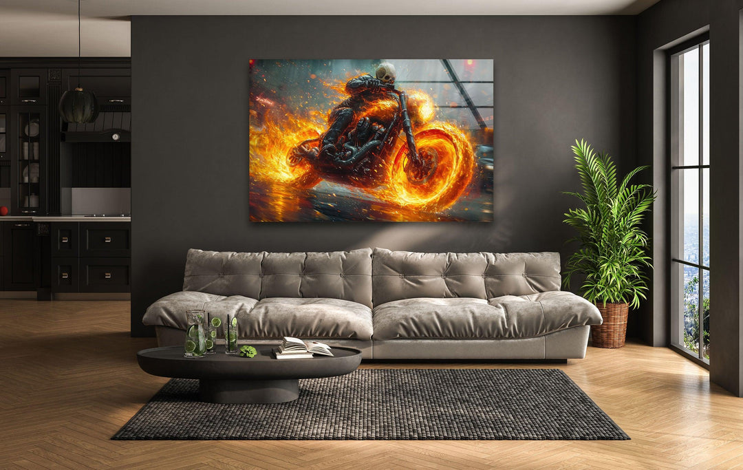 Ghost Rider Riding a Fire Motor Premium Photographs on Glass Prints