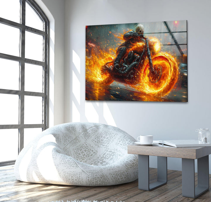 Ghost Rider Riding a Fire Motor Glass Panels Art