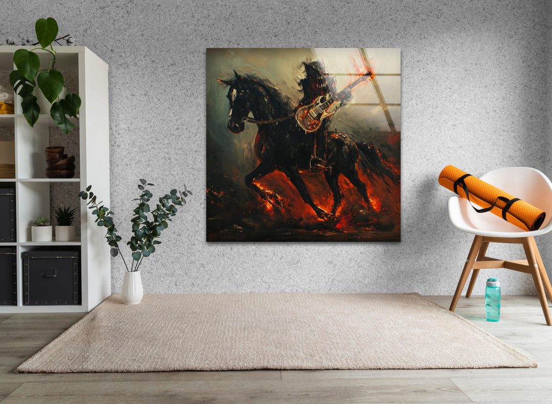 Pferd mit einem Drachen-Gitarristen-Glaswandkunst