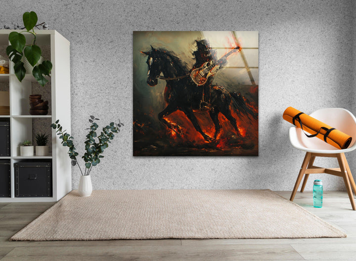 Pferd mit einem Drachen-Gitarristen-Glaswandkunst