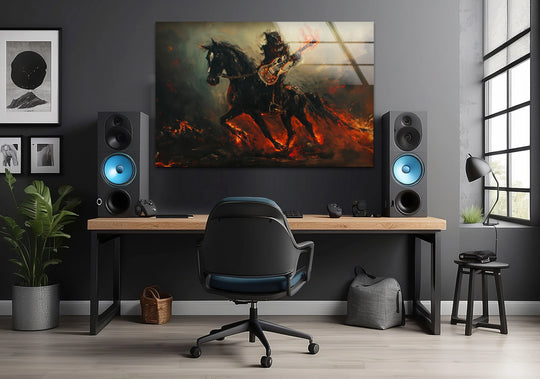 Cool Art featuring a horse and dragon guitarist motif in bright color Horse with a Dragon Guitarist Glass Wall Art showcases bold decor