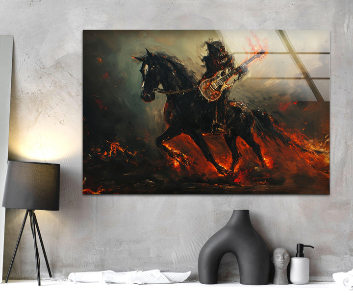 Pferd mit einem Drachen-Gitarristen-Glaswandkunst