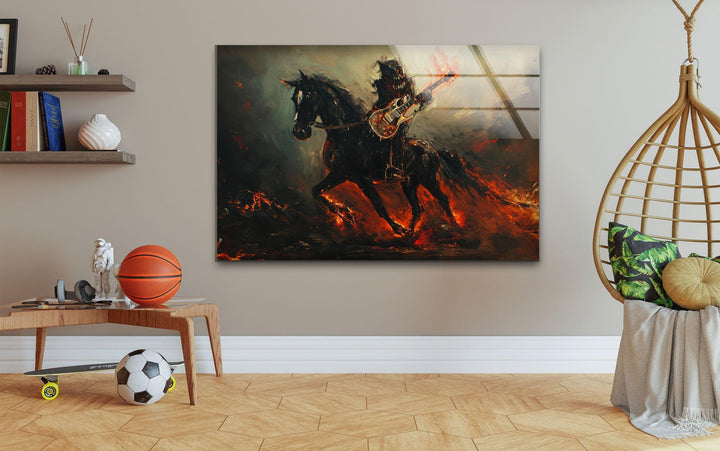 Pferd mit einem Drachen-Gitarristen-Glaswandkunst