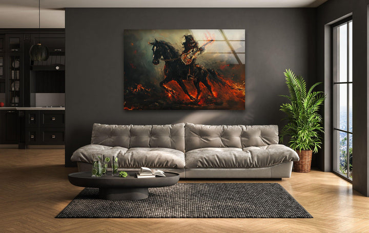 Pferd mit einem Drachen-Gitarristen-Glaswandkunst