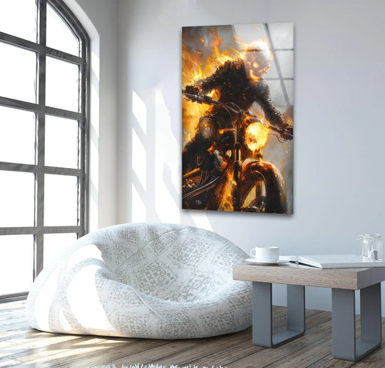 Rushing forward, flaming skull rider on a dark motorcycle bursts with fiery energy in this vibrant art from glass wall art piece.