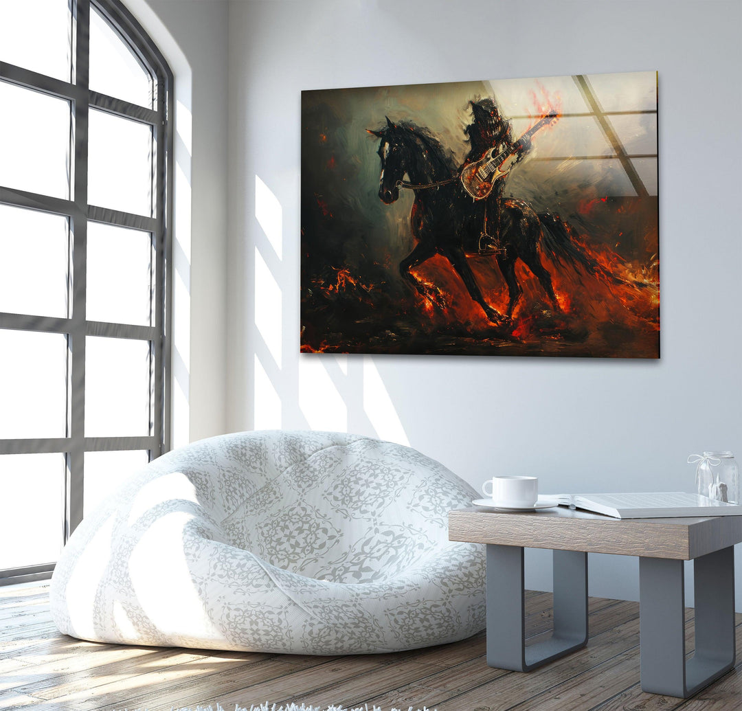 Pferd mit einem Drachen-Gitarristen-Glaswandkunst