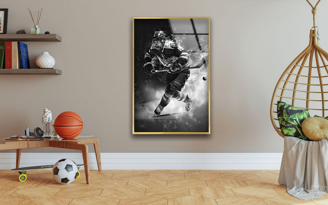 Athlete with hockey stick captured mid-motion in bold wall art.