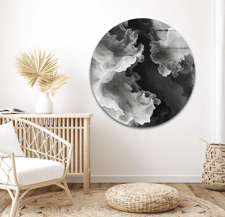 Abstract glass wall art highlighting layered misty patterns with bold grayscale transitions.