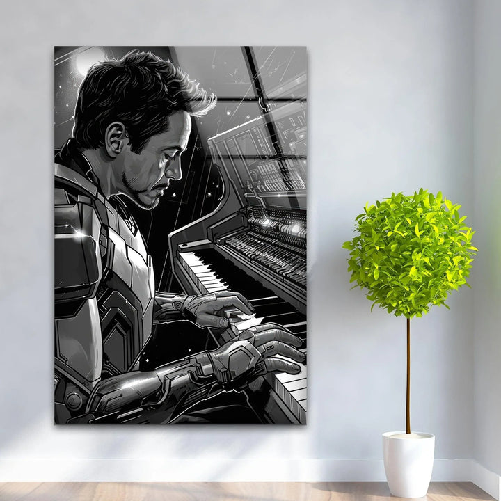 Vertical rectangular pianist Iron Man art piece is a stunning example of hanging wall art on glass, showcasing the iconic superhero playing the piano.