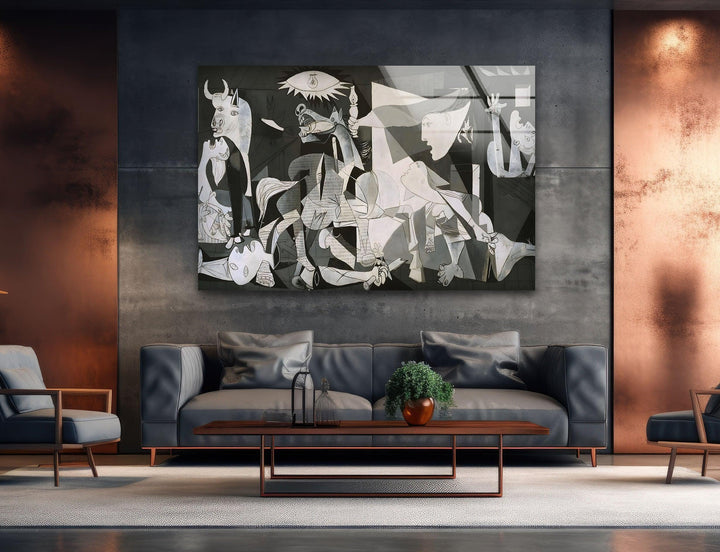 Contemporary black and white wall art presenting an abstract Guernica-style scene with strong emotional and geometric elements.