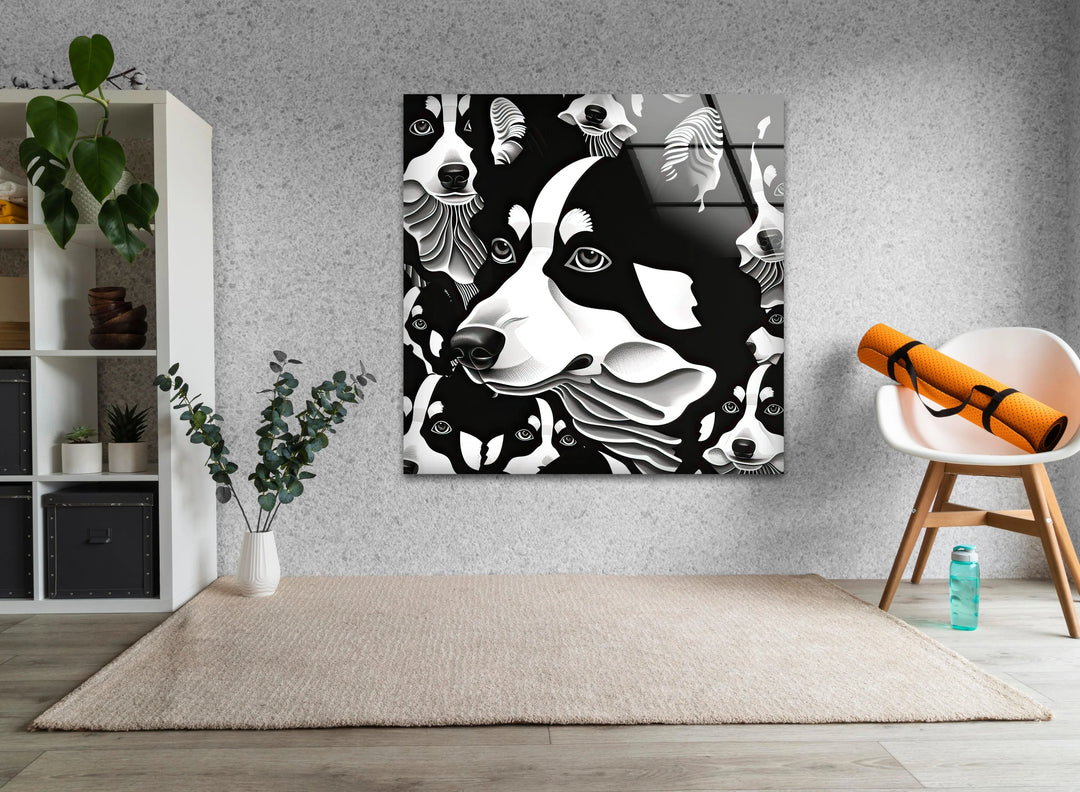 Escher Glass Wall Art Modern glass wall art with repeating husky dog motifs in high-contrast black and white abstract detailing.