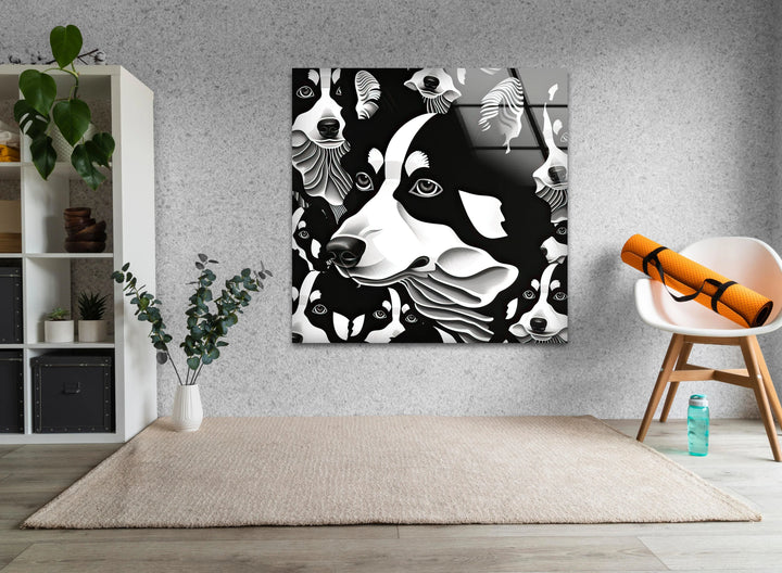 Escher Glass Wall Art Modern glass wall art with repeating husky dog motifs in high-contrast black and white abstract detailing.