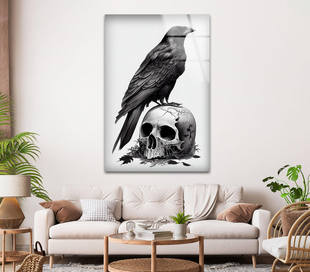 Gothic black and white wall art depicting a raven atop a skull with intricate feather and bone detailing.