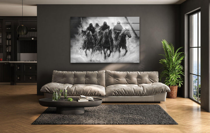 Dark RidersMonochrome glass artwork showing shadowy cloaked figures on horseback advancing through fog.