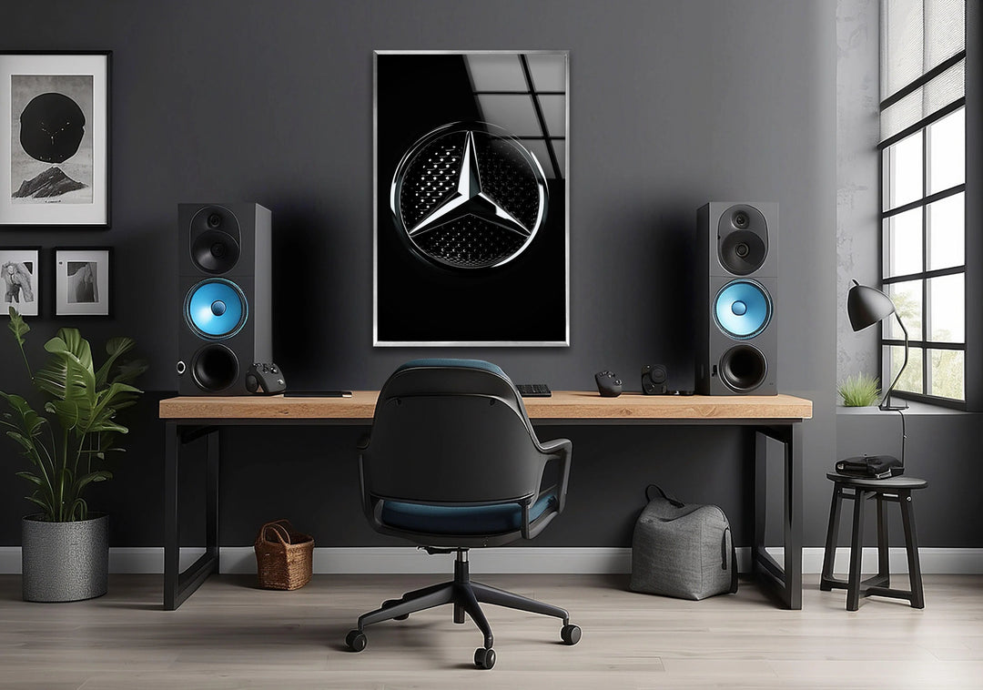 Sleek metallic star emblem displayed on high-contrast black glass for contemporary wall decor.