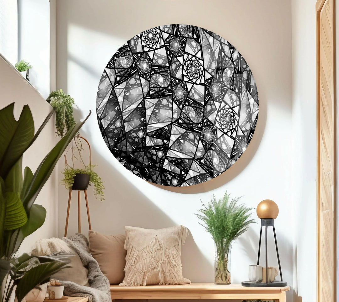 Decorative fractal swirl pattern creating a dynamic monochrome effect on glass décor.