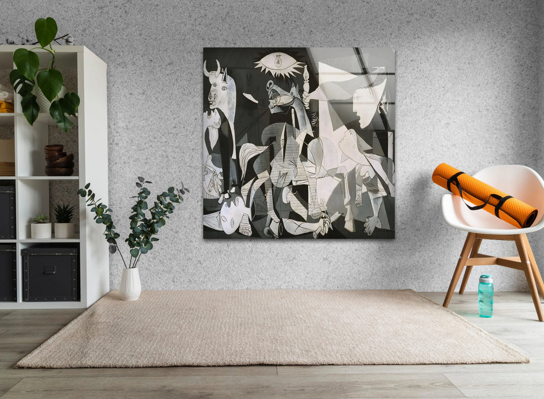 Contemporary glass piece portraying a complex Guernica-style scene with overlapping shapes and bold contrast.