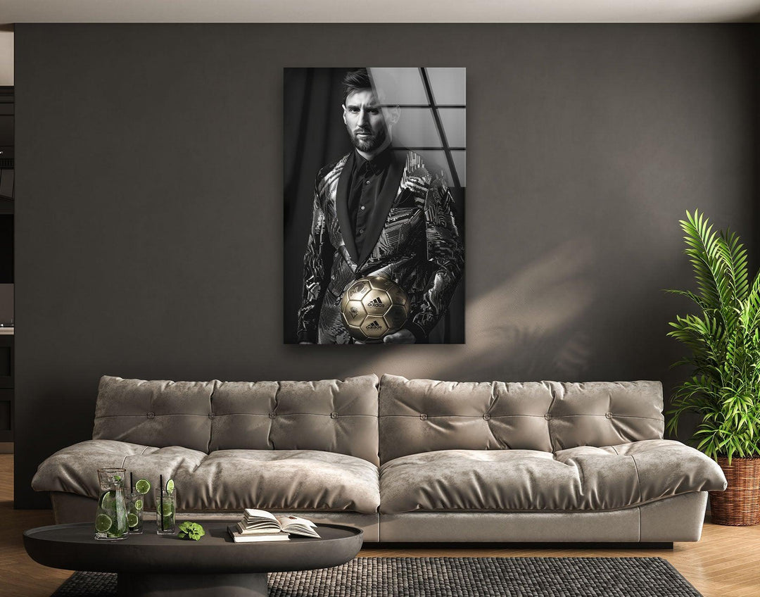 Messi Posing Contemporary glass artwork showing a male figure in a luxury suit presenting a golden football.