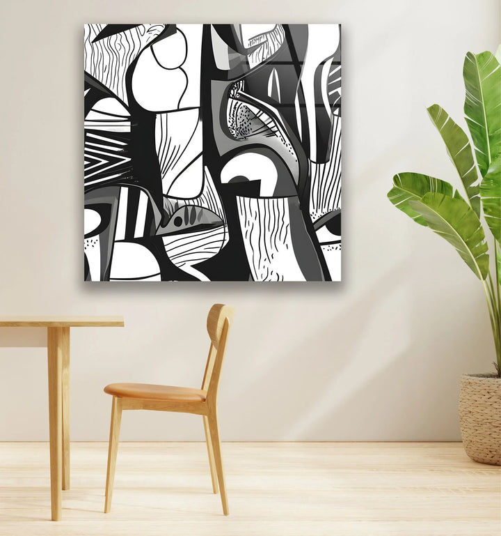 Modern abstract composition on tempered glass mixing linear patterns with sculpted facial silhouettes.
