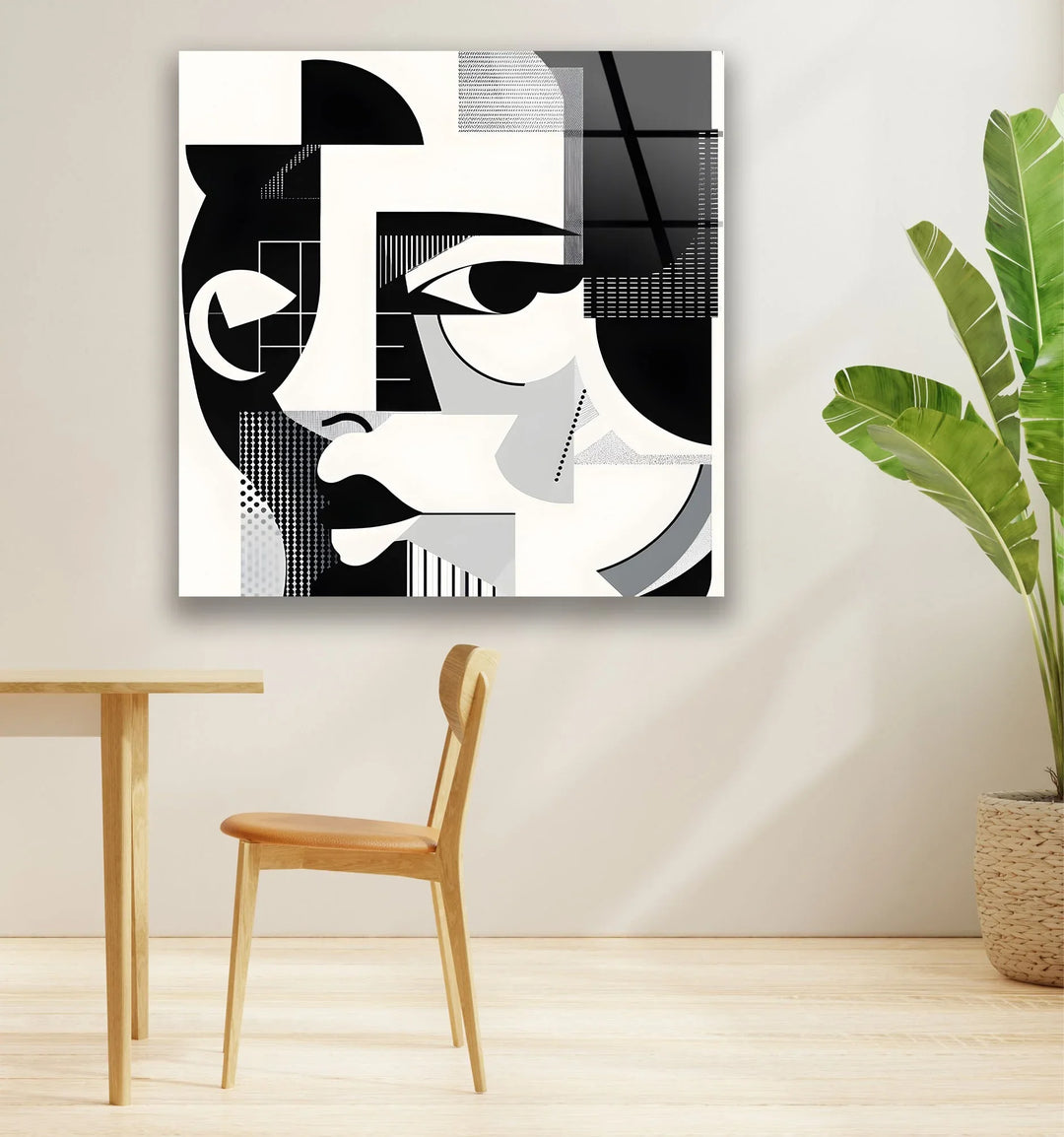 Black and white modern abstract glass art depicting a fragmented female face with layered geometric patterns.