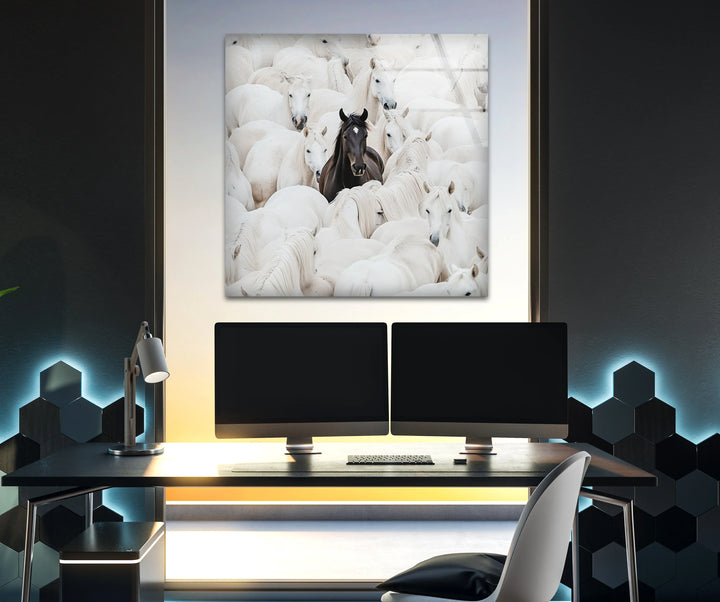 Grayscale equine design on tempered glass with a single black horse contrasted against a pale herd.
