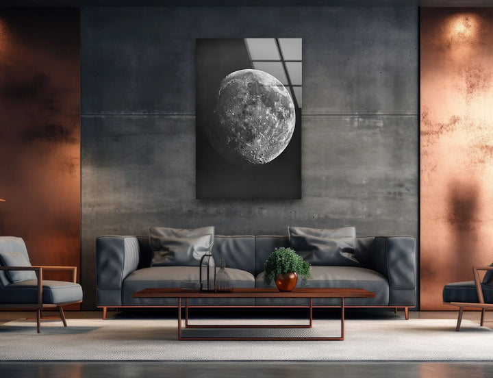 Black and white celestial wall art depicting a sharply detailed view of the moon against a dark sky.