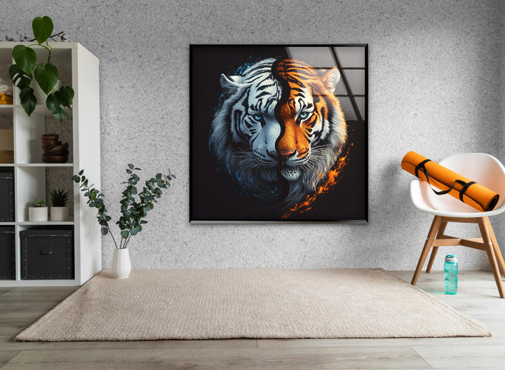 Split-face tiger artwork on tempered glass showcasing a white tiger and an orange tiger fused together.