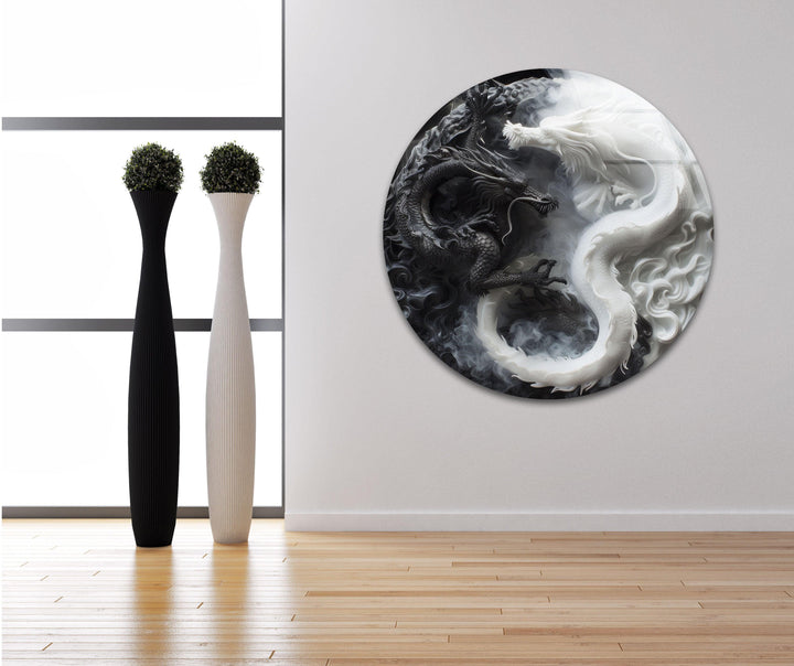 Black and white fantasy dragon design on tempered glass featuring swirling mist and opposing forms.