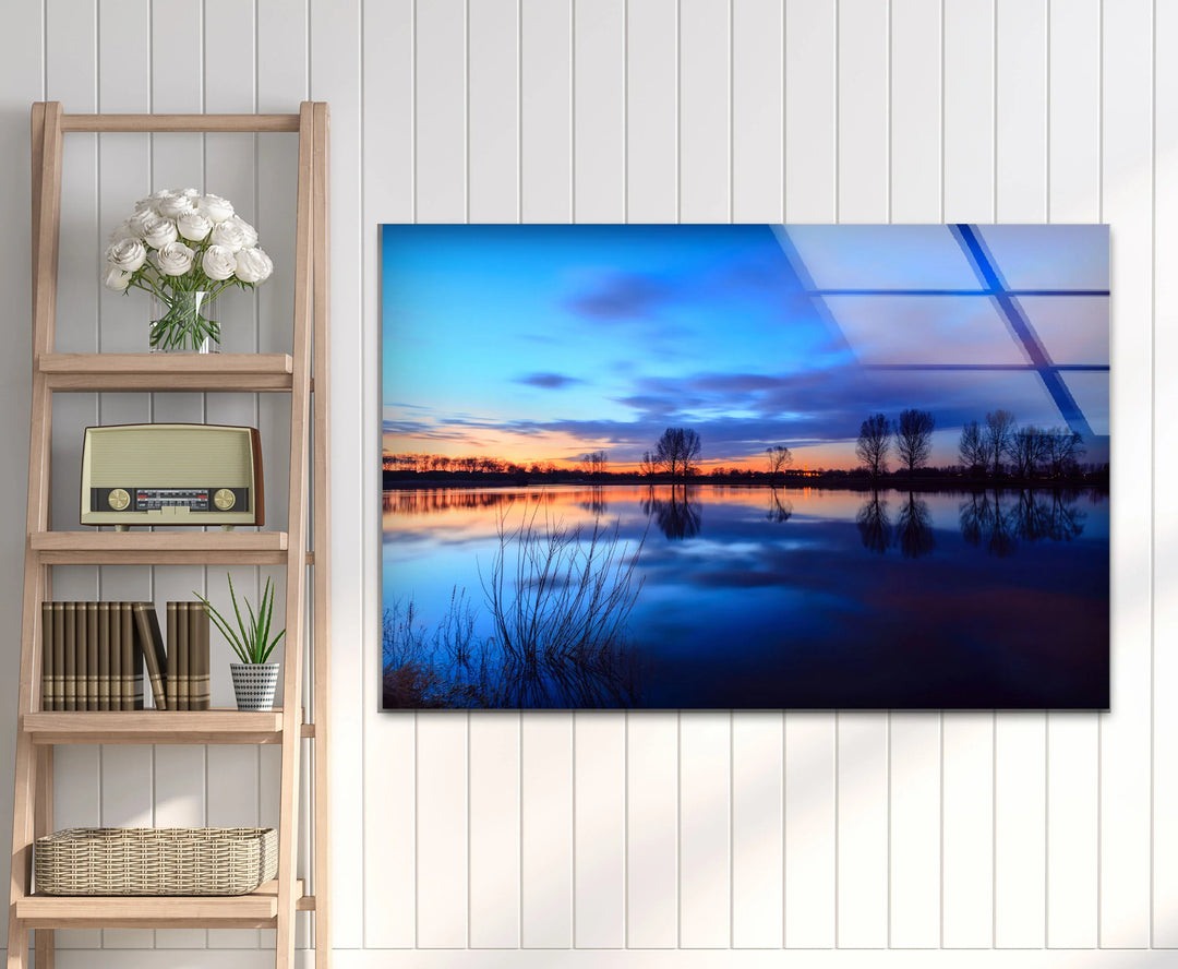 Blue Sunset Lake Wall Art – Serene Landscape Glass Print for Calm and Modern Interiors - MyPhotoStation