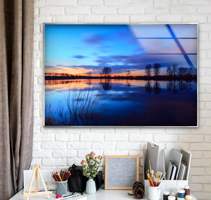 Blue Sunset Lake Wall Art – Serene Landscape Glass Print for Calm and Modern Interiors - MyPhotoStation