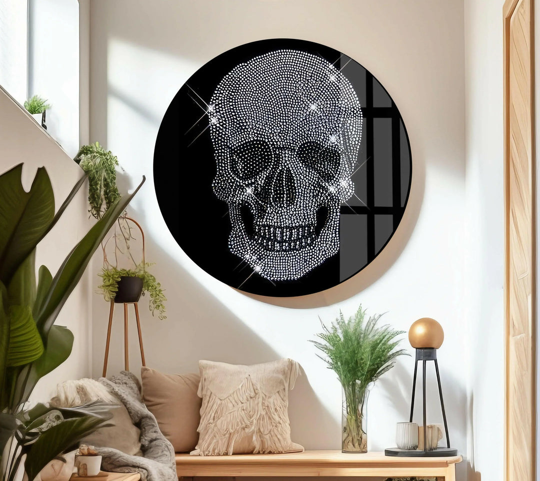 Black and white glass decor featuring a sparkling gem-encrusted skull in high contrast.