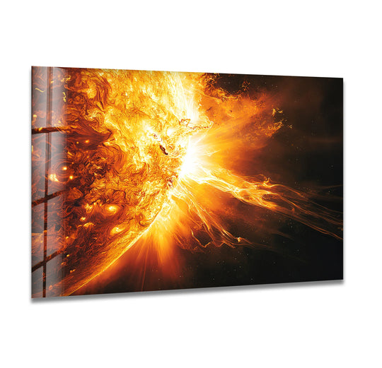 Space Wall Art featuring a glossy fiery sun explosion and glorious sun print on glass wall art