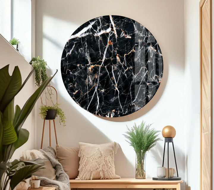 High-end glass wall art displaying intricate black marble veining in a refined layout.