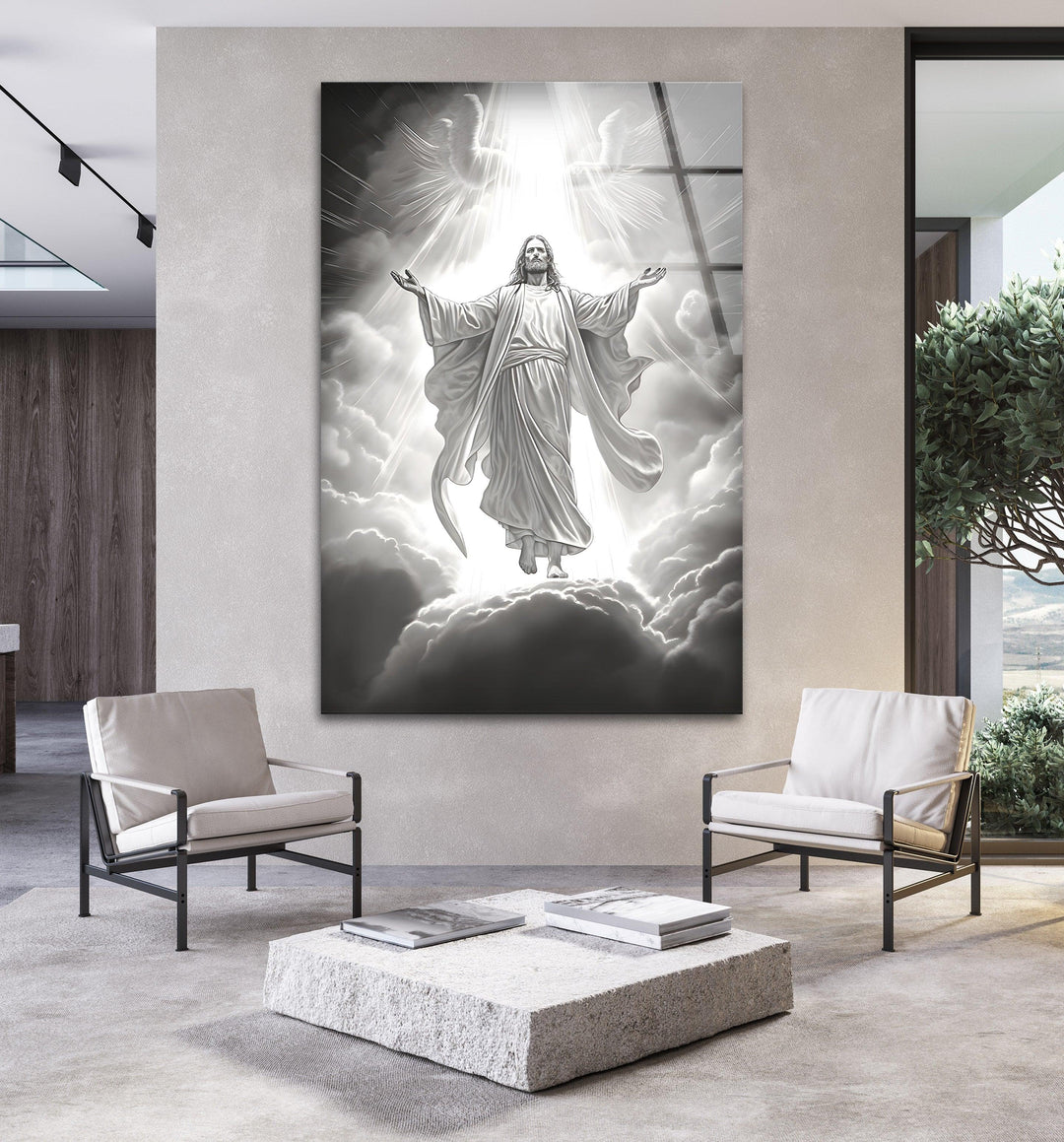 Dramatic ascension scene with Jesus in radiant light printed on black and white glass.