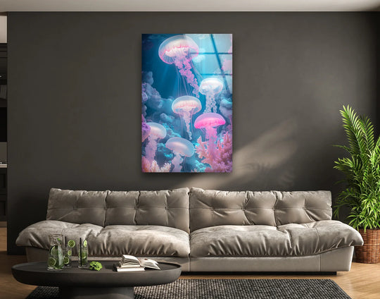 Glowing neon jellyfish art from glass illuminates the foreground with vibrant pink and blue hues against a dark wall.