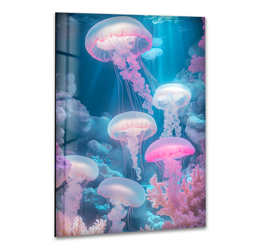 Captivating glowing neon jellyfish swim amongst coral on this durable tempered glass home decor.