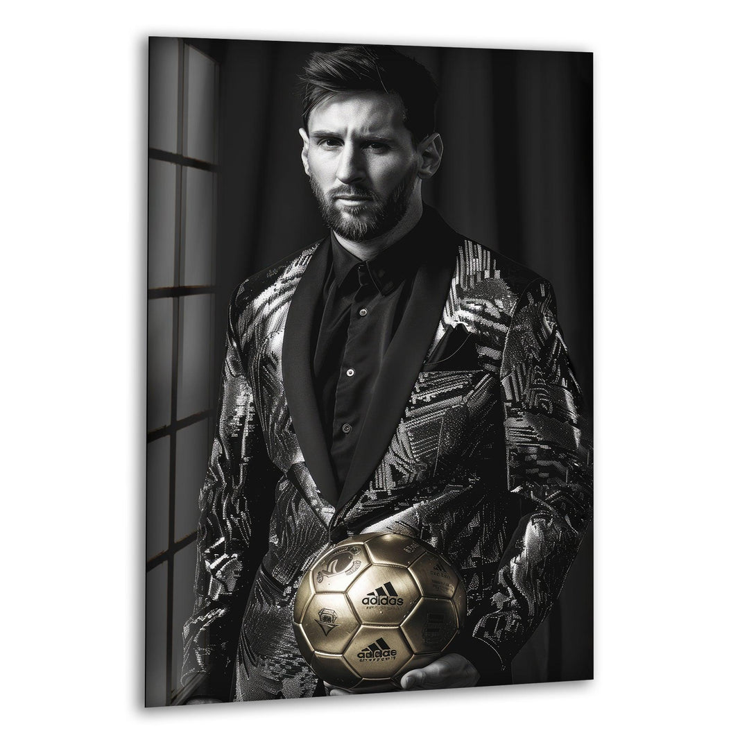Black and white glass wall art featuring a suited male athlete holding a gold football with dramatic contrast.