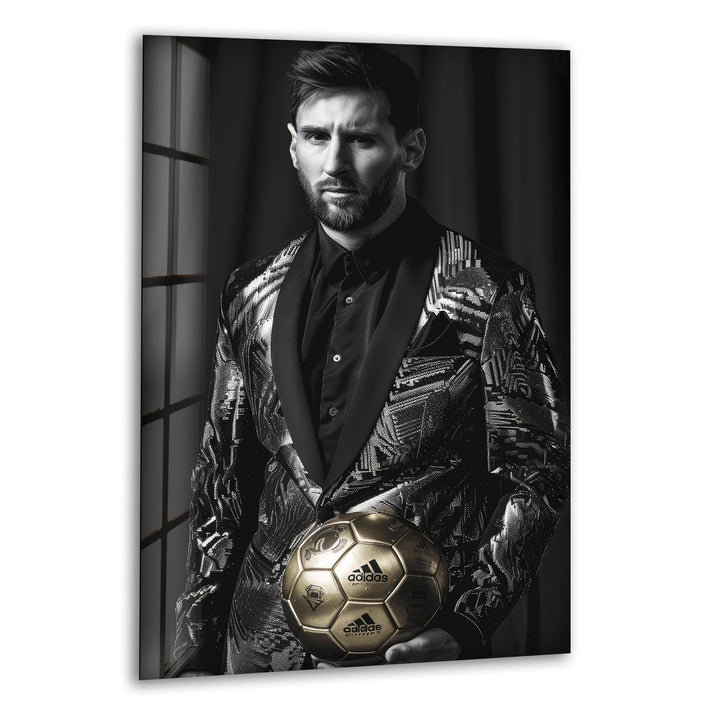 Black and white glass wall art featuring a suited male athlete holding a gold football with dramatic contrast.