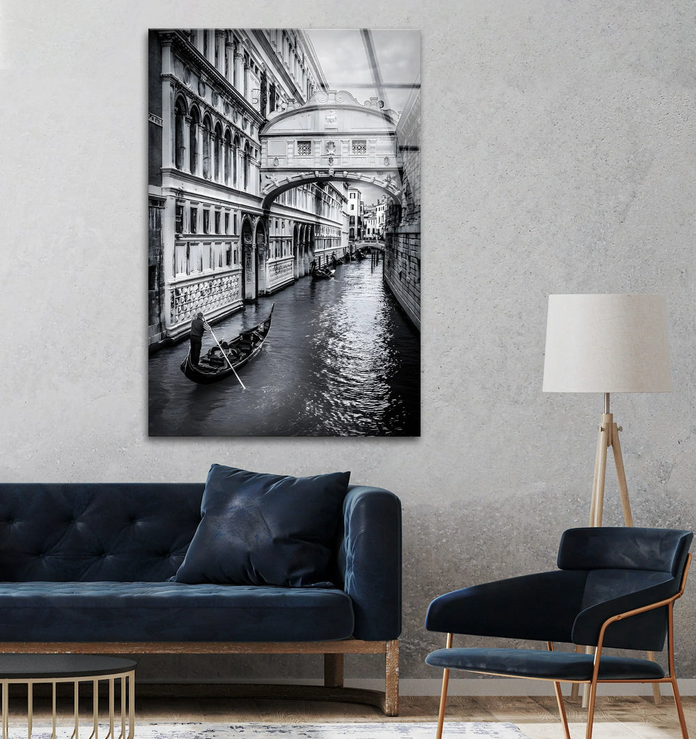 Classic Venice black and white glass art featuring the Bridge of Sighs and gondolier.