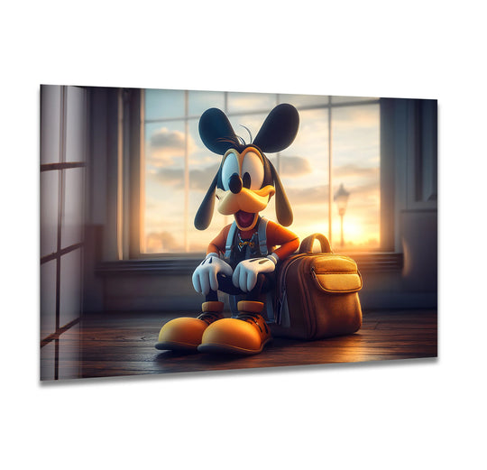 Billowing clouds and soft sunset lighting enhance this cheerful cartoon dog’s glass wall art prints, lending a gentle, optimistic feel to the animated character.