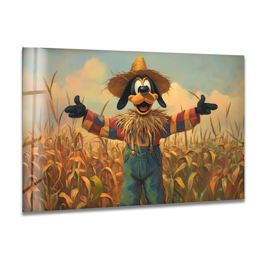 Geometric patchwork patterns form the cartoon scarecrow's shirt in this rustic cornfield scene, creating an eye-catching and best glass art statement piece.