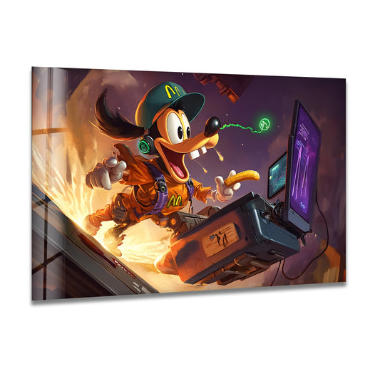 Crisp finish of this funky cartoon gamer tempered glass wall art highlights the neon digital style and vibrant colors.