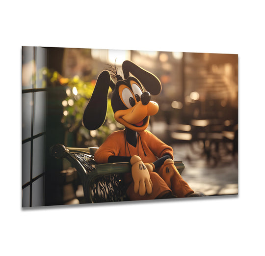 Sunlight highlights the cheerful cartoon dog in this modern glass wall art decor, showcasing its playful design.