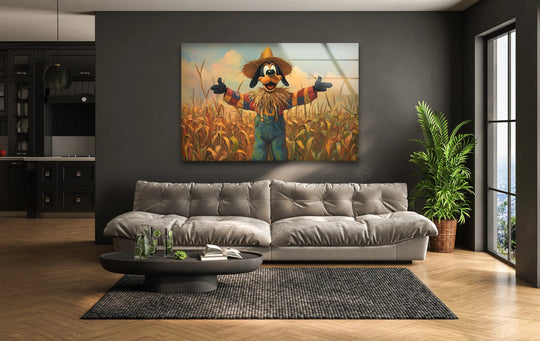 Displaying organic forms, the rustic glass wall art features a cartoon scarecrow amid a field, bringing whimsical home decor to any living space.