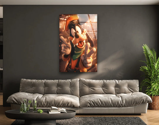 Cheerful cartoon dog character making a peace sign, featured on a modern print wall art.