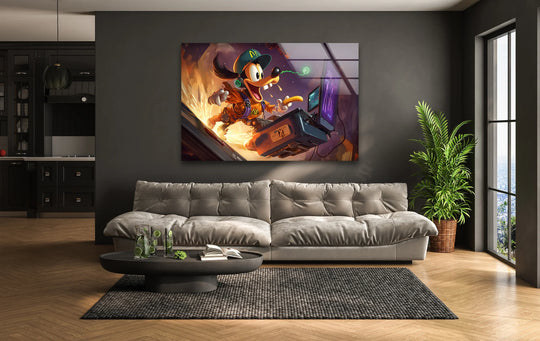 The focal point showcases funky cartoon gamer best glass art with a neon digital style, adding a vibrant touch to any modern room.