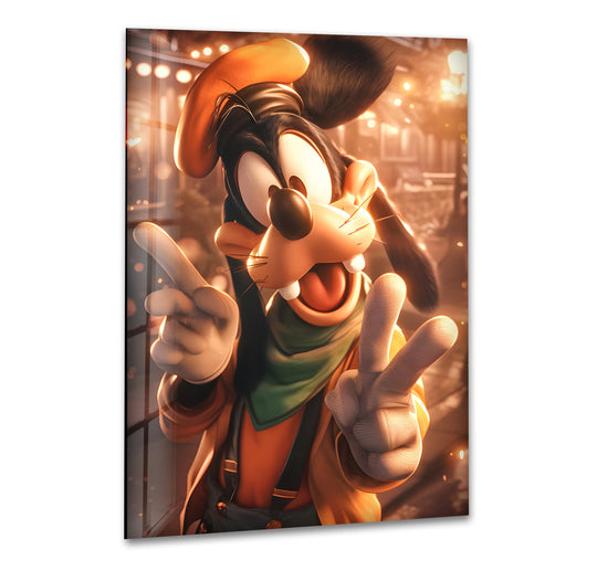 Vibrant Goofy character glass wall art decor pops with warm orange and cool dark tones, creating a striking color contrast.