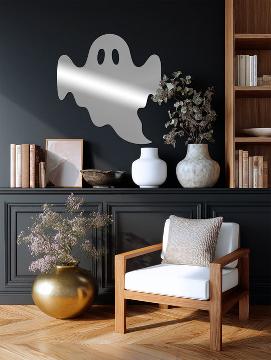 Reflective finish showcased on the Ghostly Gleam metal art for wall, a Halloween-themed piece adding spooky home decoration charm.