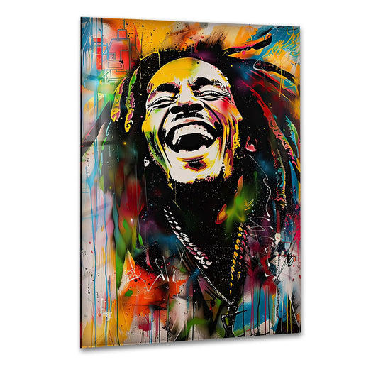 Vibrant graffiti painting of Bob Marley on glass wall art, a unique modern wall decor with a glossy finish.