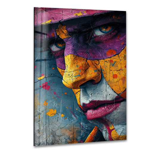 Close-up of a graffiti woman's face with vibrant purple and yellow paint cracks, a striking focal point for hanging wall art.